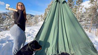 Solo Winter Camping In Hot Tent Snowstorm Survival!