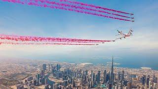 Spectacular Dubai Flypast with Emirates A380 and Red Arrows