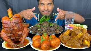 spicy whole chicken curry, mutton Boti curry, spicy mutton curry and egg curry with rice eating show