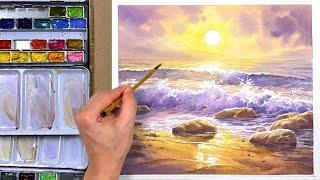 Watercolor painting: Ocean Waves at Sunset