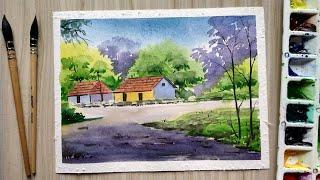 Watercolor village landscape painting tutorial for Beginners | Paint with David