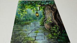 Rainy day & hanging lamp || Step -By-Step Acrylic Painting Tutorial