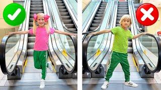 Katya and Dima Escalator Mall Adventure: Safety Learning for Kids