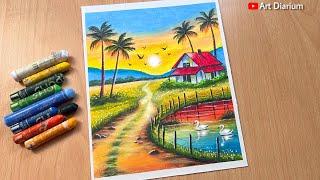 How to Draw a Peaceful Morning Village Scenery with Oil Pastels - for Beginners