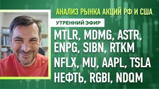 Анализ рынка акций РФ и США/ MTLR, MDMG, ASTR, ENPG, SIBN, RTKM, NFLX, MU, AAPL, TSLA/ Нефть, RGBI