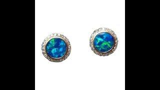 Blue Opal Earrings with Diamonds 9 mm Round 14k White Gold | FlashOpal.com