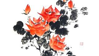 Wild rose painting: Korean traditional brush painting. 들장미 그리기: 수묵화, 한국화, 동양화