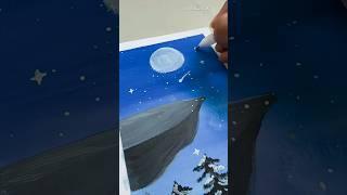 Moonlight Cliff Painting  | Easy Night Sky Art with Snowy Trees ️ #shorts