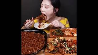 Black Bean Noodles, Kimchi & Fried Pork ️ #asmr #mukbang #bigbites #satisfying @EatwithBoki
