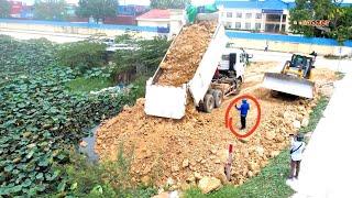 Good project Huge Landfilling using SHANTUI Bulldozer Working push soil and Heavy Dump truck dumping