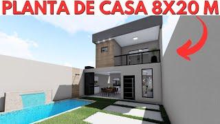 PLANTA DE CASA (SOBRAD0) 8X20 METROS COM 3 QUARTOS!
