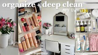 VANITY ORGANIZATION AND DEEP CLEAN🫧 skincare & makeup storage, new organizers, & beauty cart