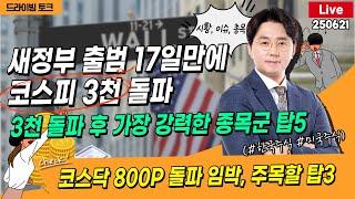 [드라이빙 토크 Live] 새정부 출범 17일만에 코스피 3천 돌파 / 3천 돌파 후 가장 강력한 종목군 탑5 / 코스닥 800P 돌파 임박, 주목할 탑3