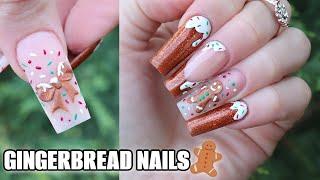 NAIL TRENDS: GINGERBREAD NAILS - 3D GINGERBREAD MAN on myself acrylic nail tutorial