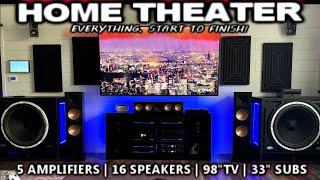 Crazy Home Audio Surround Sound System Build 16 Speakers 5 amps, 2 33" Subs, 98" TV Start to Finish