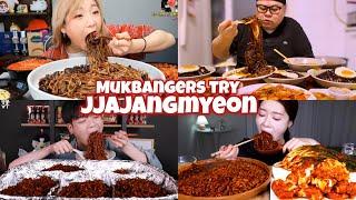Mukbangers Try BLACK BEAN NOODLES (Jjajangmyeon) | ASMR Compilation | Lets eat with mukbangers