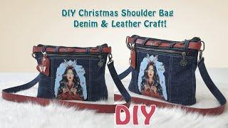 "Crafting a Festive Shoulder Bag: Denim, Leather, and Snowy Christmas Charm"