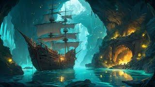 ‍️ Pirate Cave Ambience with Relaxing Music | Creaking Ship Sounds & Wave Sounds 