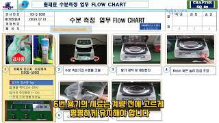 사출성형 수지 원재료 수분측정 업무 프로세스,FLOW CHART 및 수분측정 기준 산포관리 그래프 사례,원재료 수분측정 온도,원재료수분측정 시간