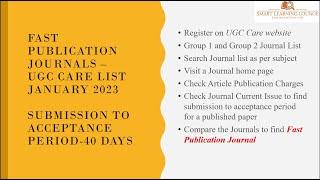 Fast publication Journals – UGC CARE List January 2023 - submission to acceptance period - 40 days