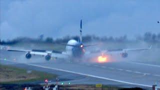 [4K] Terrifying Moment: B747 Engine Catches Fire  on Landing at Liege Airport!