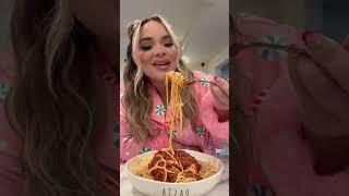 Trisha Paytas eating pasta with cute baby girl and explain the Mother is OVER on youtube tag