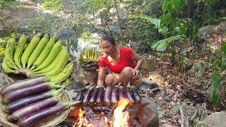 Adventure in forest, Cooking Eggplant and Banana fruits & Eating delicious for jungle lunch