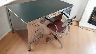 Large Steel Industrial Polished Metal Pedestal Writing Desk & Metal Work Chair