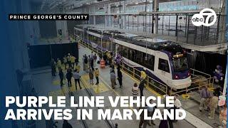 First Purple Line light rail vehicle arrives in Prince George's County, Maryland