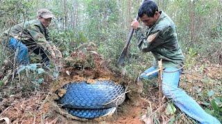 The horrifying moment of 2 men discovering a giant cobra nest in a mound on the edge of the forest.