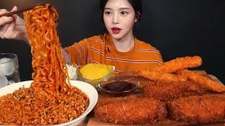 SUB)Cheese Roll Cutlet, Buldak Noodles and Deep-fried Shrimp Mukbang ASMR Korean Eating Sound