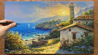 How to draw a lighthouse by the sea / Beautiful coastal landscape painting / Acrylic painting.