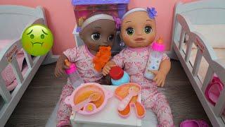 Baby Alive baby doll twins have a Cold Evening Routine feeding doll soup