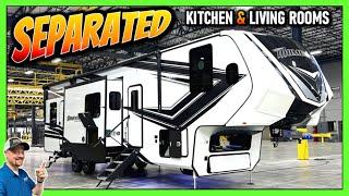 NEW MODEL! • Defined Kitchen & Living + Garage & Patio! 2025 Grand Design Momentum 344M Fifth Wheel