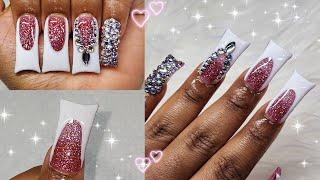 PINK AND WHITE BLING FRENCH TIPS | DUCK NAILS | POLYGEL NAIL TUTORIAL