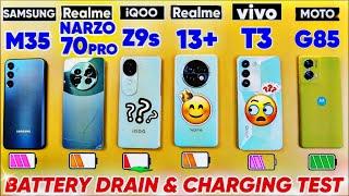 iQOO Z9s vs realme 13 Plus vs Narzo 70 pro vs vivo T3 vs Moto G85 vs Samsung M35 - BATTERY DRAIN