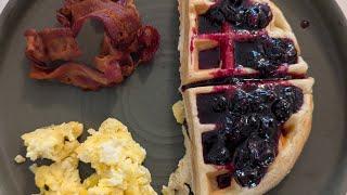 Waffles with Blueberry Compote, Bacon, & Eggs