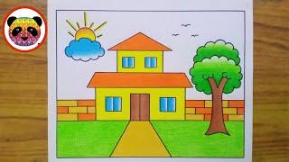 House Scenery Drawing  Ghar ka Chitra  Easy to Drawing and Painting