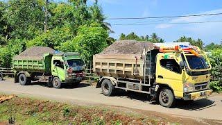 Truk Jomplang. Mobil Truk CANTER HDX Dan HINO DUTRO Bongkar Muatan PASIR FULL BAK Menggunung Bersama