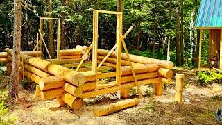 Building Off Grid Log Cabin,Massive Log Built beside Tiny Cabin,Survival in Canadian Wilderness[EP24