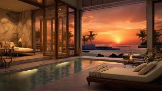 Cozy Night Jazz in Luxury Hotel 4K. High Class Resort with Seaside Relaxing Instrumental Jazz