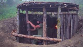 SURVIVAL Expert Builds ROUND Dugout Shelter in the WILD! Grass Roof & Fireplace