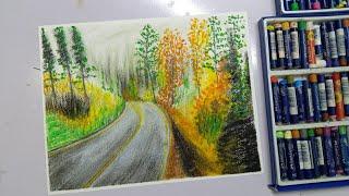 Oil pastel drawing road scenery / how to draw a beautiful lonely forest road with oil pastel