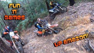 FUN 'N' GAMES UP AMAZON!  Watagan state forest NSW Australia. Yamaha WR250R, KTM, SHERCO.