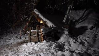 Overnight at my survival Shelter with my Dog. On the mountains with a lots snow. Wood Stove inside