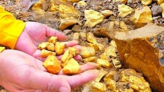 Wonderful  day! gold miner found a lot of gold treasure under stone million years