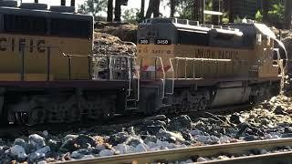 Two Dash 9s Assist 2 Six Axle Gensets Pull Heavy Freight Over My G Scale Mountain Sub!