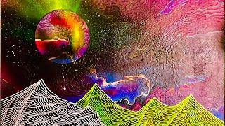 Stunning planet and line art mountains galaxy original art by Nick Metcalf paint pour