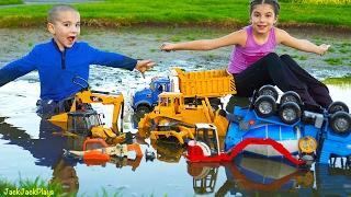 Playing with Toys in the Mud! Bruder Dump Trucks, Diggers, and Excavators for Kids | JackJackPlays