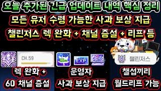 [메이플스토리 맑음] 오늘 추가된 긴급 업데이트 내역 핵심 정리! / 모든 유저 수령 가능한 사과 보상 지급 / 챌린저스 월드 렉 완화 / 60 채널 증설 / 월드 리프 등